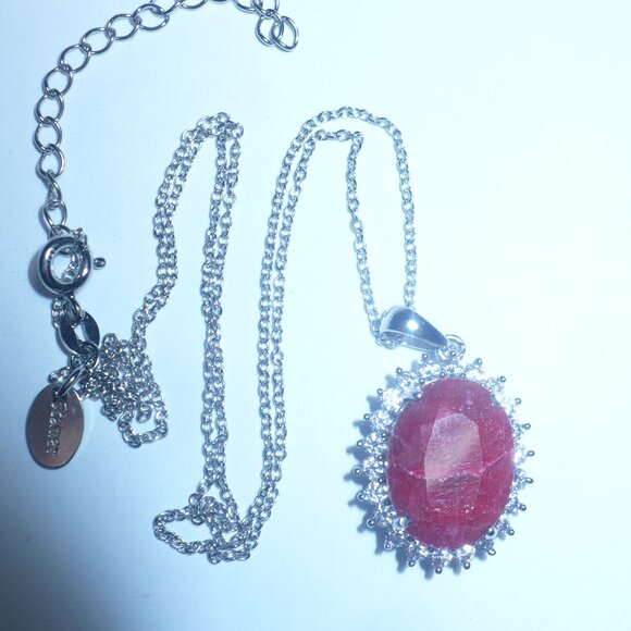Vintage STAUER Oval Natural Ruby accented CZ's  Sterling Silver Pendant Necklace - Picture 3 of 7